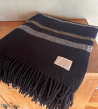 Mt Somers Station Lambs Wool Blanket - Navy with White/Mustard Stripe