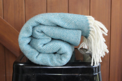 Mt Somers Station Lambs Wool Blanket - Ocean Herringbone